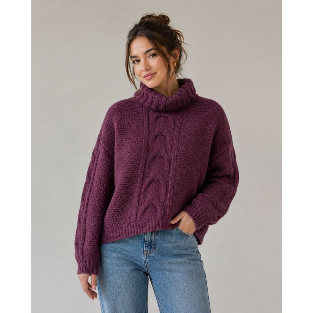 Seven7 Chunky Cable Knit Turtleneck Sweater Plum Purple Women’s Large Cozy
